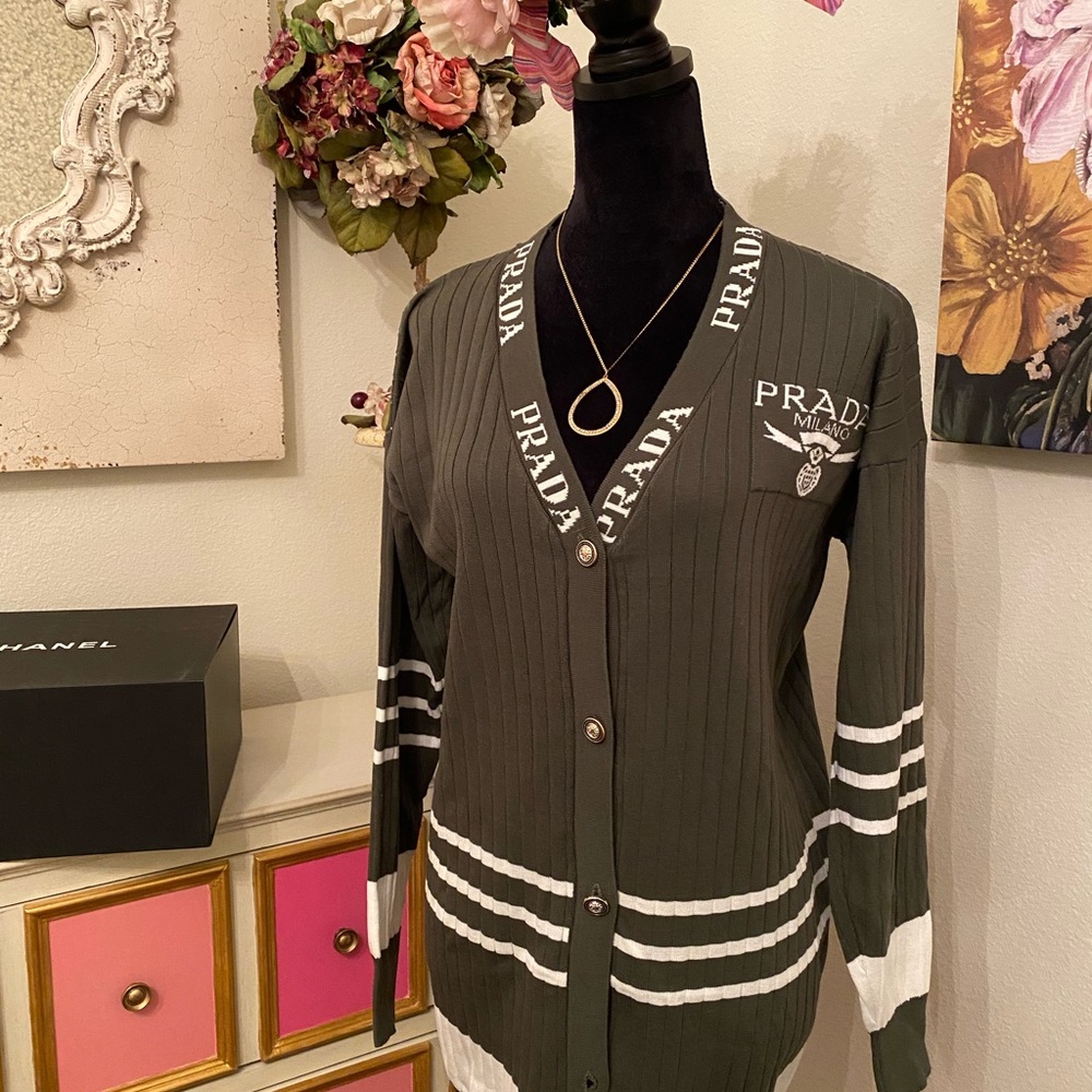 Prada Dark Green Cardigan with White Stripes